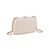 Beige handbag with a gold chain on a white background