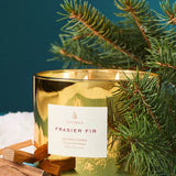 Gold candle labeled 'Frasier Fir' with pine branches on a blue background