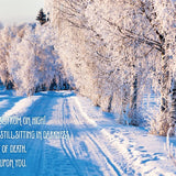 Snowy winter scene with frosted trees and a quote on a blue background