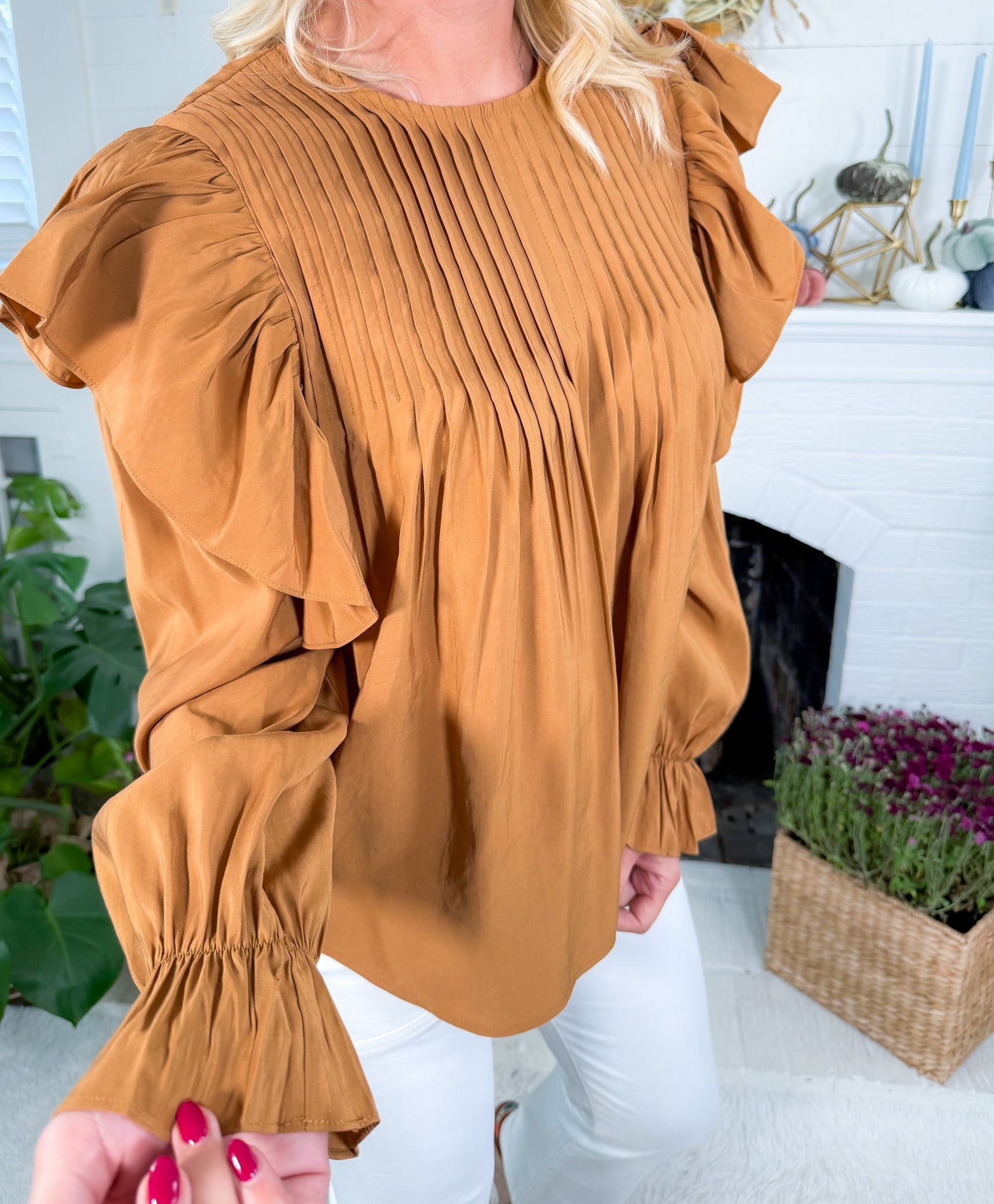Burch Camel Pleated + Ruffle Top Molly Bracken