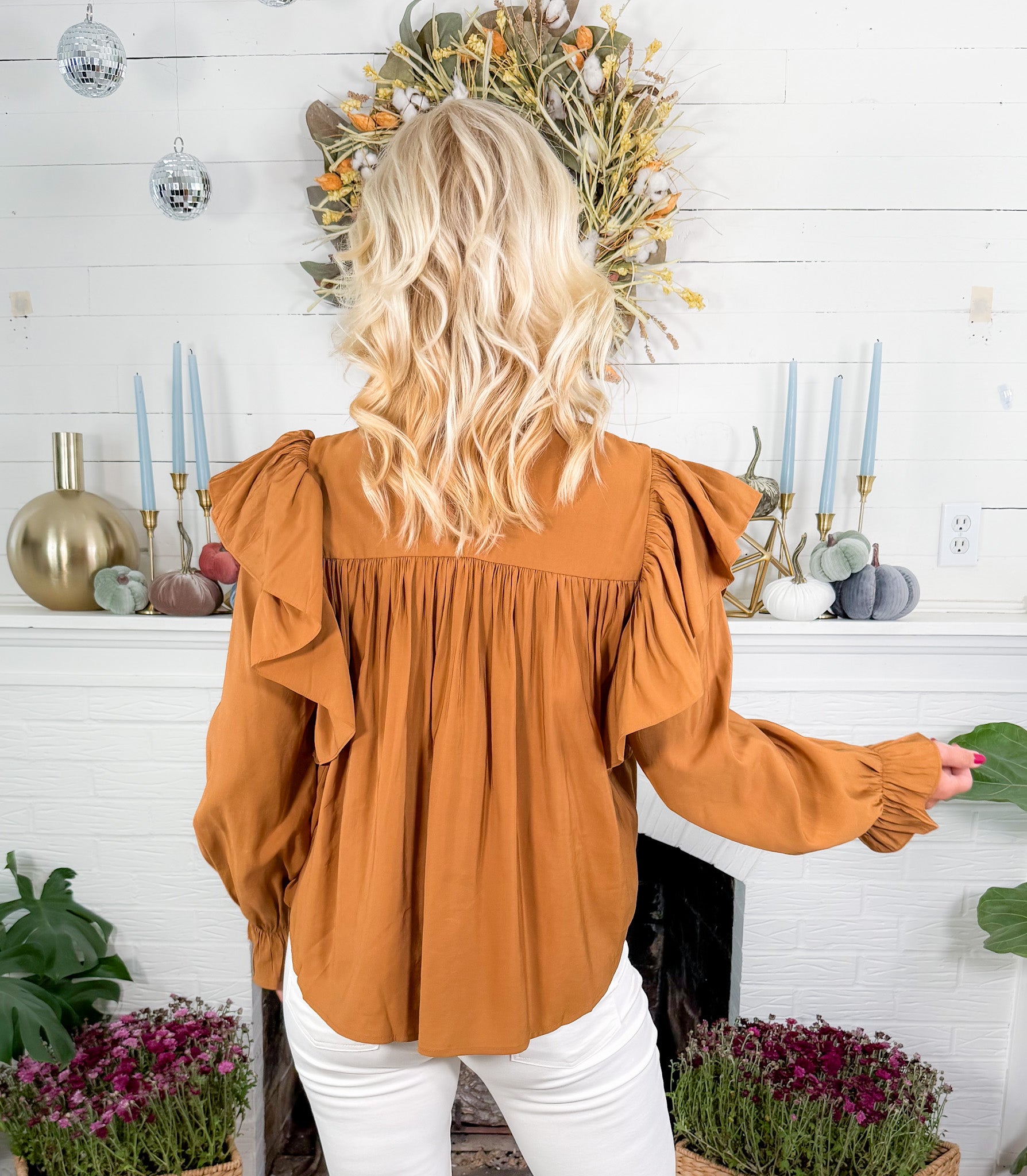 Burch Camel Pleated + Ruffle Top Molly Bracken