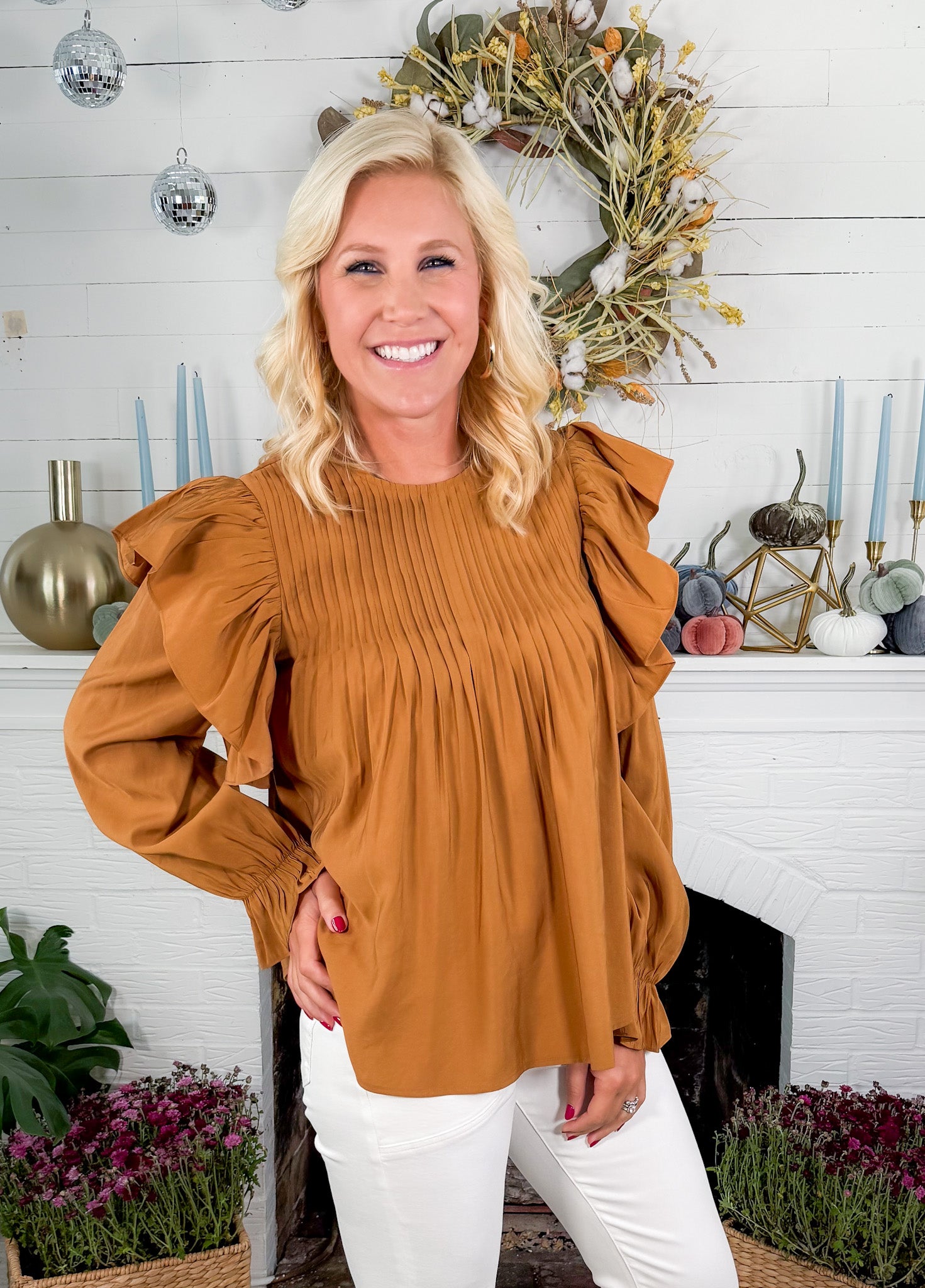 Burch Camel Pleated + Ruffle Top Molly Bracken