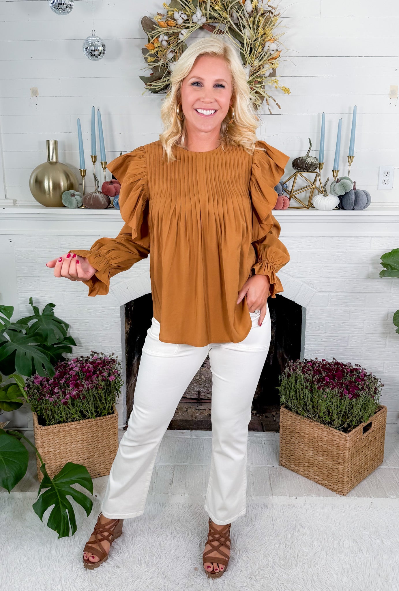 Burch Camel Pleated + Ruffle Top Molly Bracken