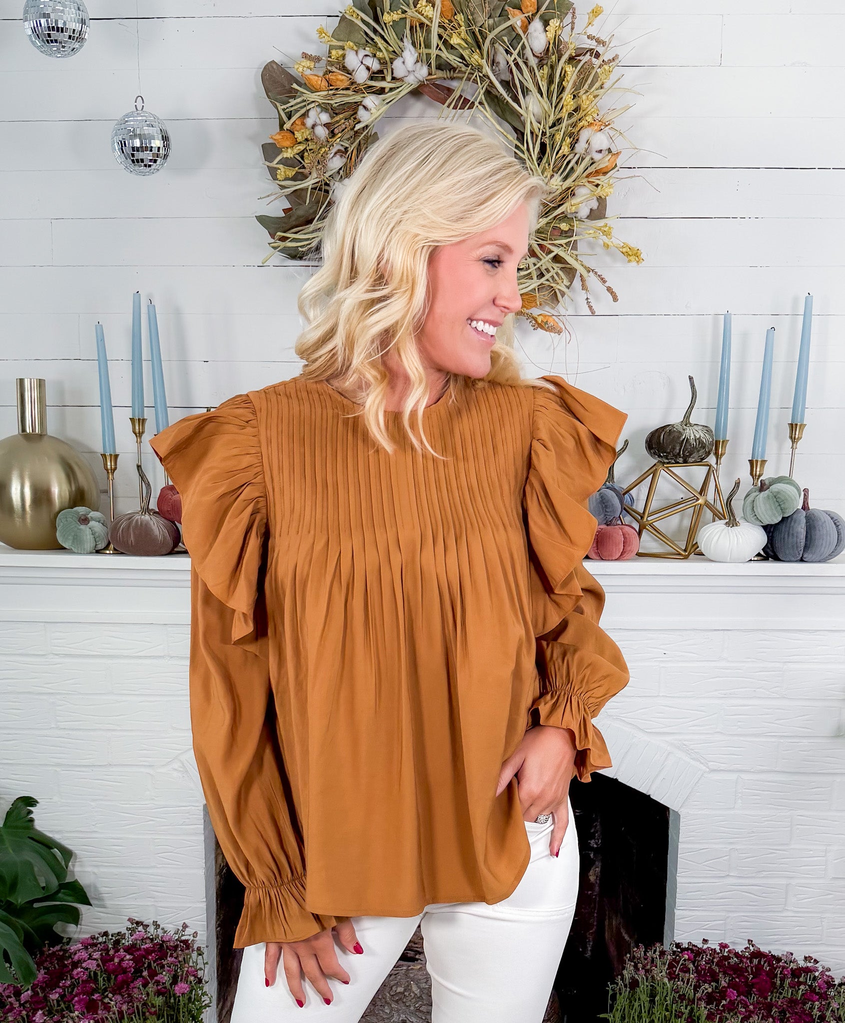 Burch Camel Pleated + Ruffle Top Molly Bracken