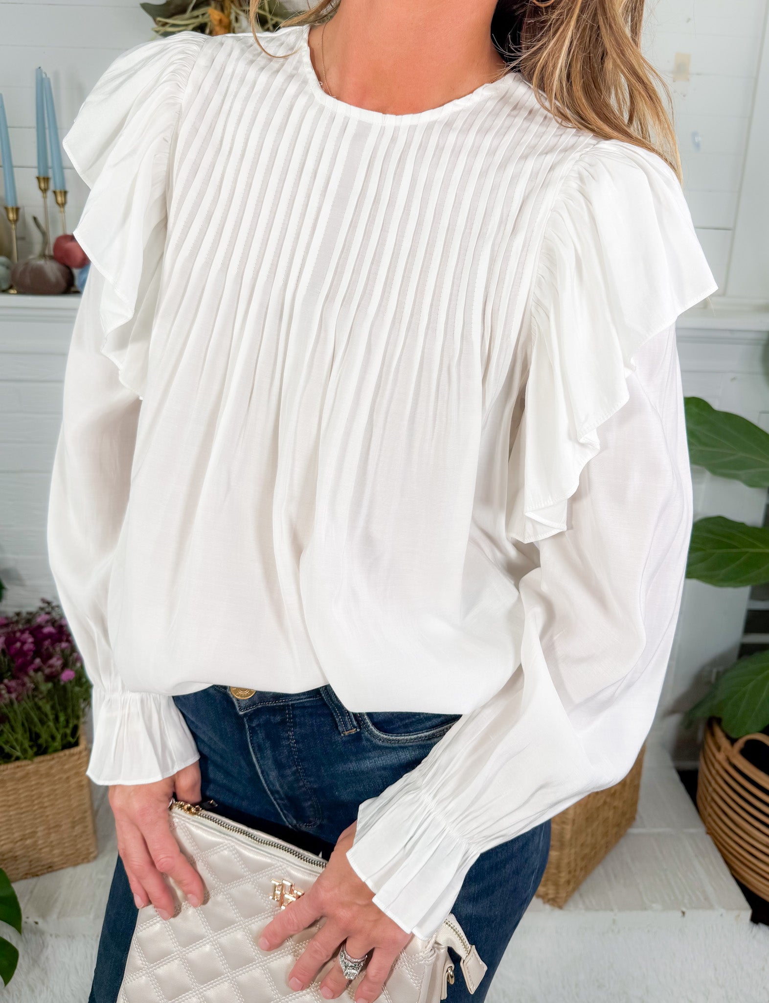 Burch Ivory Pleated + Ruffle Top Molly Bracken