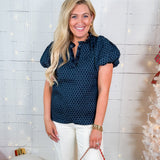 Cathleen Navy + Velveteen Trim Textured Top Gigio