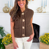 Chloe Brown Sweater + Gold Button Sweater Vest Sincerely Ours