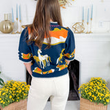 Dandy Navy Horse Detail Short Sleeve Sweater THML
