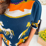 Dandy Navy Horse Detail Short Sleeve Sweater THML