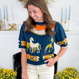 Dandy Navy Horse Detail Short Sleeve Sweater THML