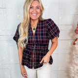 Margaux Navy Plaid Zip Front Top Entro