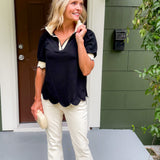 Marjorie Black + Ecru Scallop Edge Top