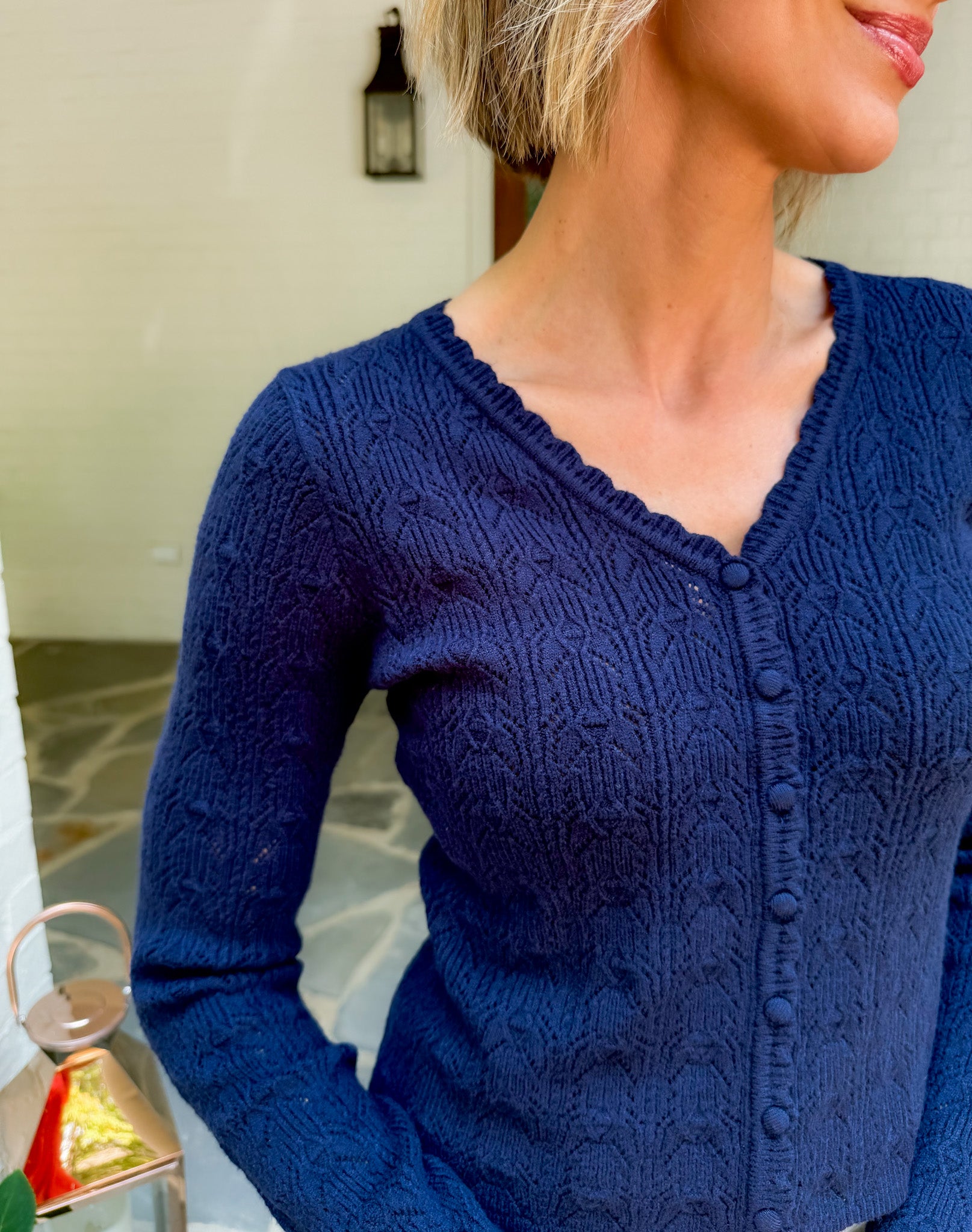 Miller Navy Pointelle Scallop Cardigan
