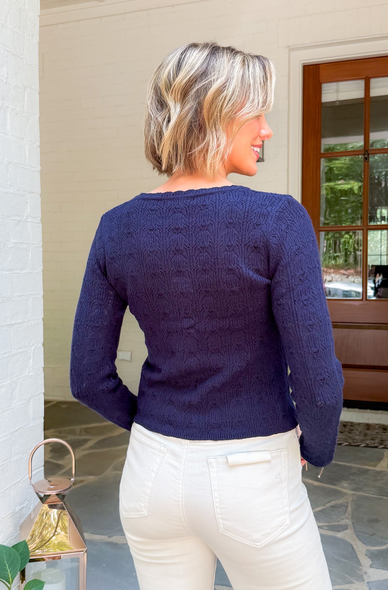 Miller Navy Pointelle Scallop Cardigan
