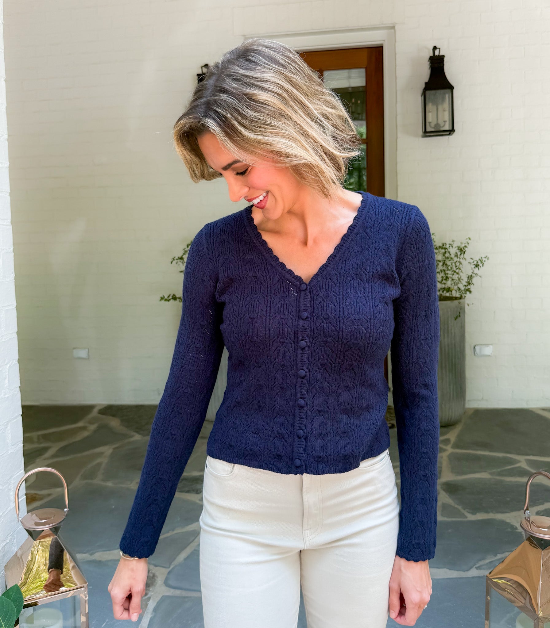 Miller Navy Pointelle Scallop Cardigan