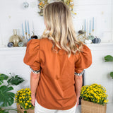 Milsaps Caramel + Leopard Trim Top Entro