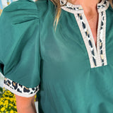 Milsaps Hunter Green + Leopard Trim Top Entro