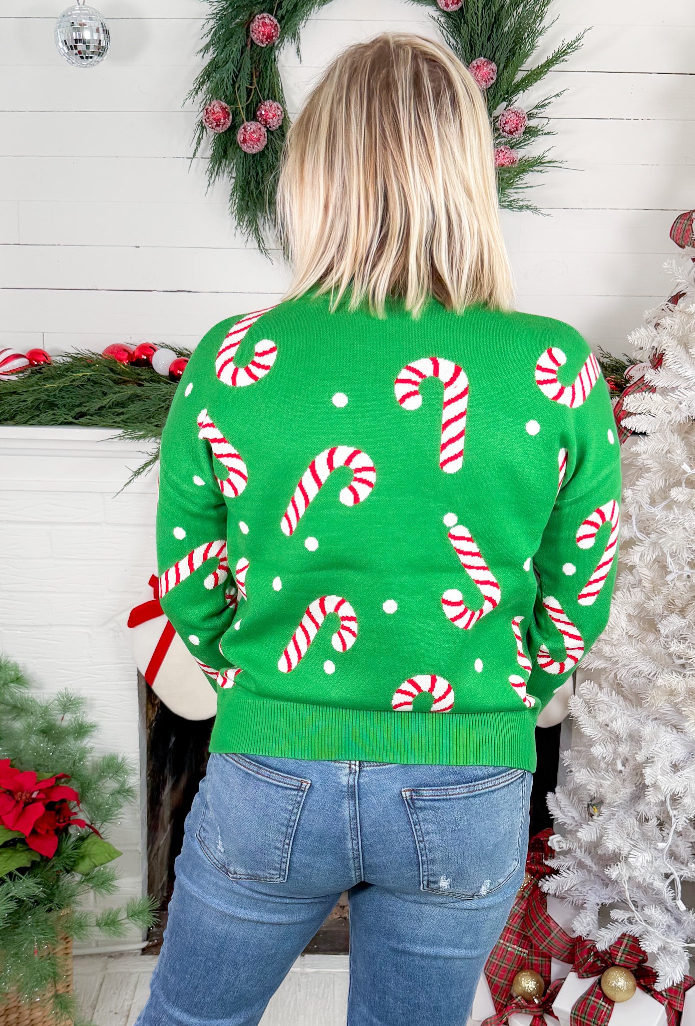 Moseley Green Christmas Candy Cane Sweater Staccato