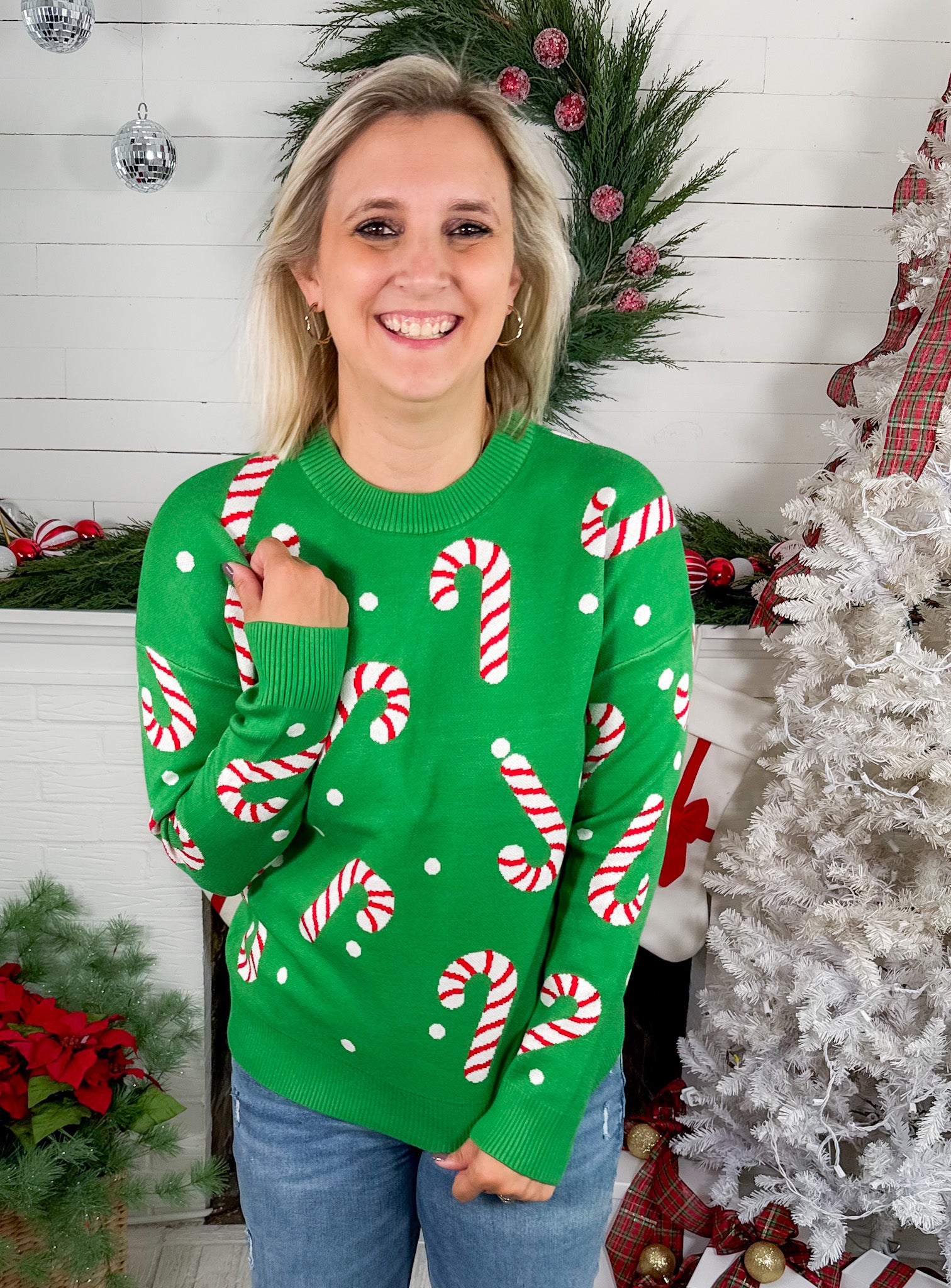 Moseley Green Christmas Candy Cane Sweater Staccato