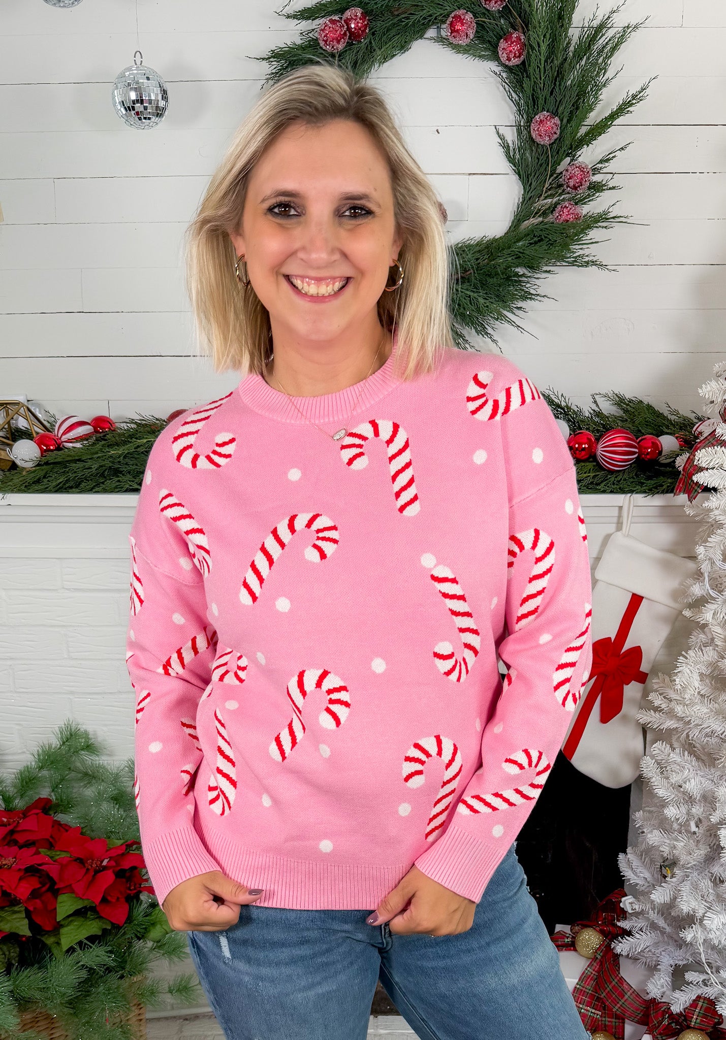 Moseley Pink Christmas Candy Cane Sweater Staccato
