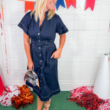 Paige Navy Topstitch Midi Dress THML
