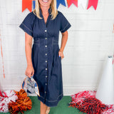 Paige Navy Topstitch Midi Dress THML