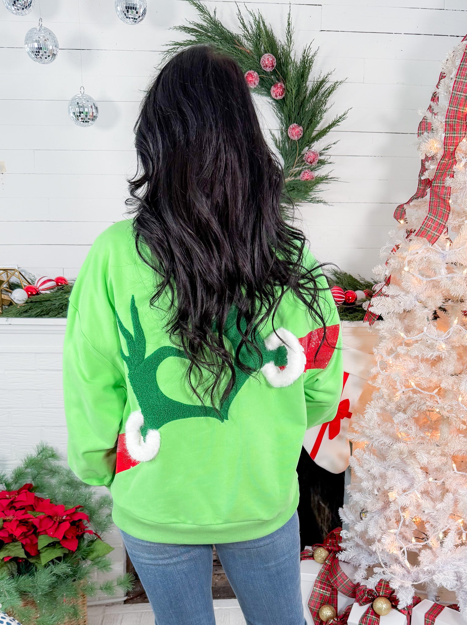 Queen of Sparkles Green Grinch Heart Hands Sweatshirt