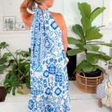 Rebecca Aegean Blue Tile Halter Maxi Dress Prosperina