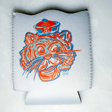 White can cooler with orange and blue tiger design on a white background