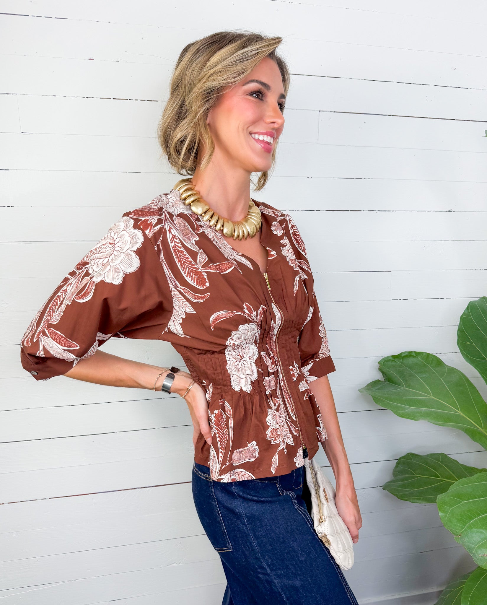 Rome Brown Floral Zip Front Top Entro