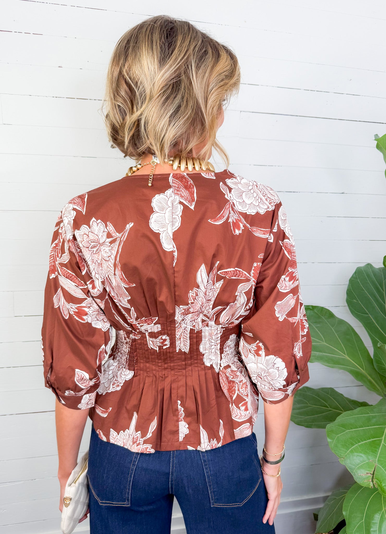 Rome Brown Floral Zip Front Top Entro