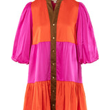 Color-blocked dress with pink, orange, and brown sections on a white background