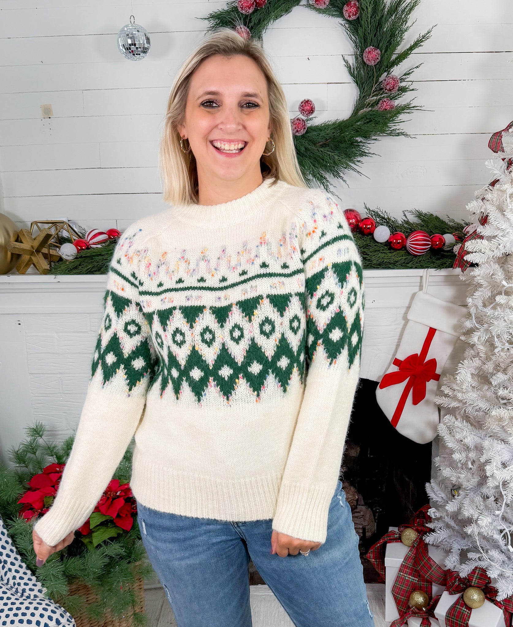 Telluride Cream + Forest FairIsle Chunky Sweater Staccato