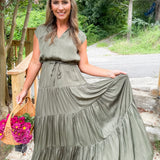 Terrell Olive Satin Tiered Maxi Dress Pinch