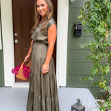 Terrell Olive Satin Tiered Maxi Dress Pinch