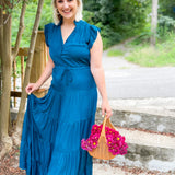 Terrell Teal Satin Tiered Maxi Dress Pinch