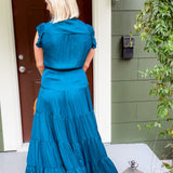 Terrell Teal Satin Tiered Maxi Dress Pinch
