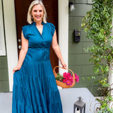 Terrell Teal Satin Tiered Maxi Dress Pinch