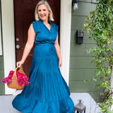 Terrell Teal Satin Tiered Maxi Dress Pinch