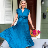 Terrell Teal Satin Tiered Maxi Dress Pinch