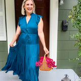 Terrell Teal Satin Tiered Maxi Dress Pinch