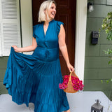 Terrell Teal Satin Tiered Maxi Dress Pinch