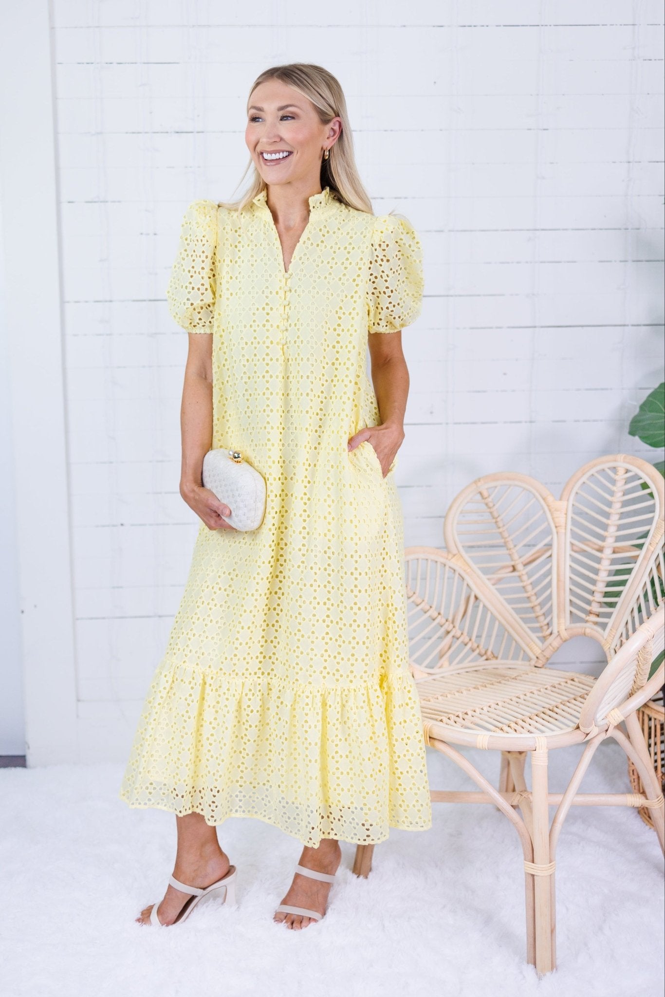 Evelyn Lemon Drop Eyelet Maxi Dress
