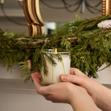 Hand holding a candle with greenery inside, against a decorative background.