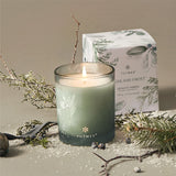 Thymes candle with packaging and decorative branches on a neutral background