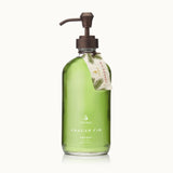 Green bottle of Frasier Fir hand wash with pump on a white background