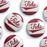 Several round button badges with the word Tide in red script over a white and dark red striped design, arranged on a light gray background.