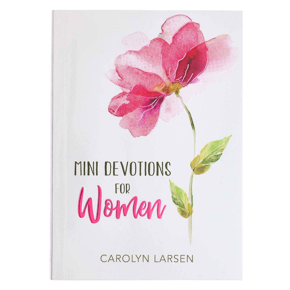 Book cover with pink flower illustration and text 'Mini Devotions for Women' by Carolyn Larsen on a white background