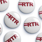 Multiple white oval buttons with the red 'RTR' logo scattered on a white background.