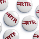 Multiple white oval buttons with the red 'RTR' logo scattered on a white background.